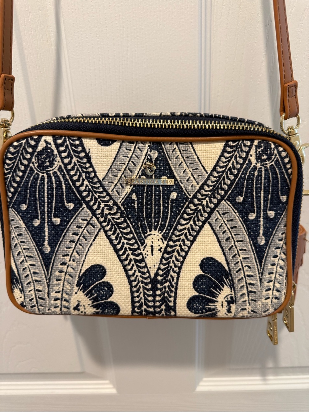 Spartina 449 Navy and Cream Patterned Crossbody with Tan Trim